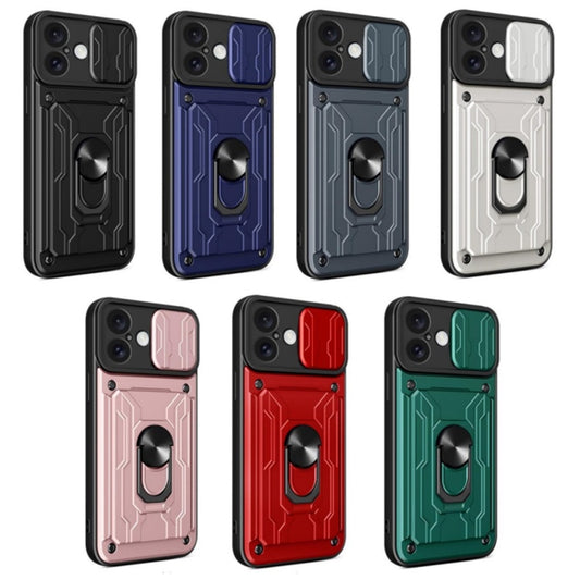 For iPhone 16 Plus Sliding Camshield TPU+PC Phone Case with Card Slot(Dark Green) by buy2fix