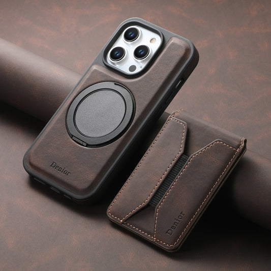 For iPhone 14 Pro Denior D18 Skin Feel Rotating Holder MagSafe Detachable Card Slot Phone Case(Brown) by Denior