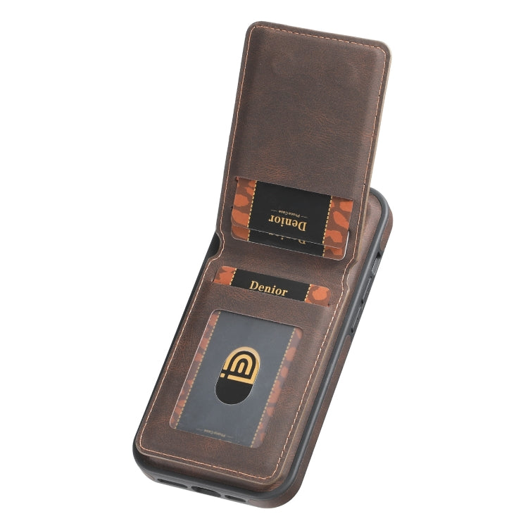 For iPhone 15 Denior D18 Skin Feel Rotating Holder MagSafe Detachable Card Slot Phone Case(Brown) by Denior