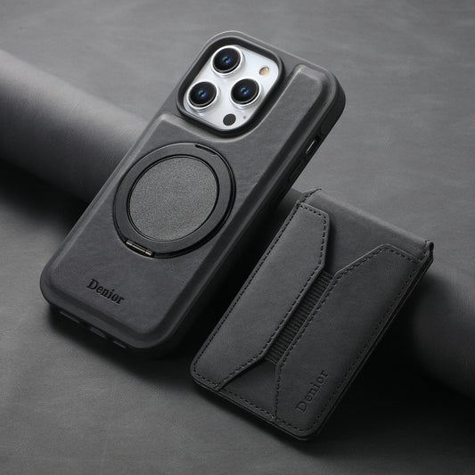 For iPhone 15 Denior D18 Skin Feel Rotating Holder MagSafe Detachable Card Slot Phone Case(Black) by Denior