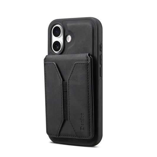 For iPhone 16 Plus Denior D18 Skin Feel Rotating Holder MagSafe Detachable Card Slot Phone Case(Black) by Denior