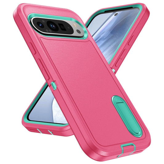 For Google Pixel 9 Pro Rugged PC + Silicone Phone Case with Holder(Rose Red+Light Green) by buy2fix