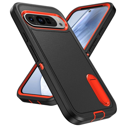 For Google Pixel 9 Pro Rugged PC + Silicone Phone Case with Holder(Black+Orange) by buy2fix