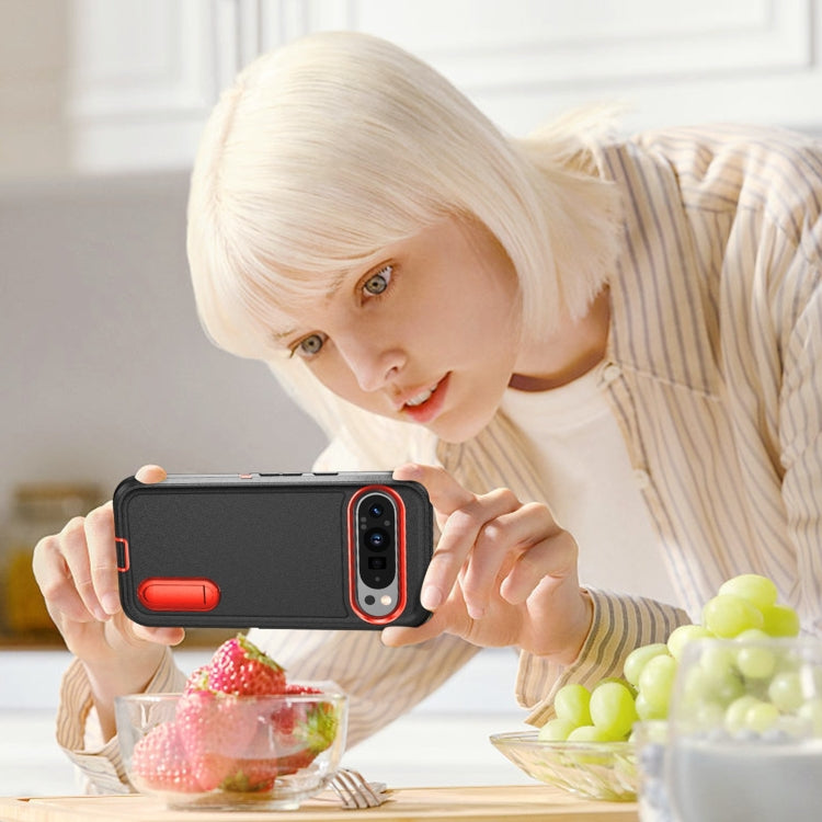 For Google Pixel 9 Pro Rugged PC + Silicone Phone Case with Holder(Black+Orange) by buy2fix