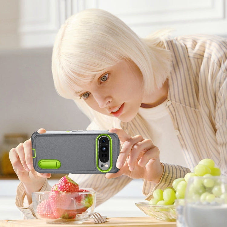 For Google Pixel 9 Pro Rugged PC + Silicone Phone Case with Holder(Grey+Fresh Green) by buy2fix