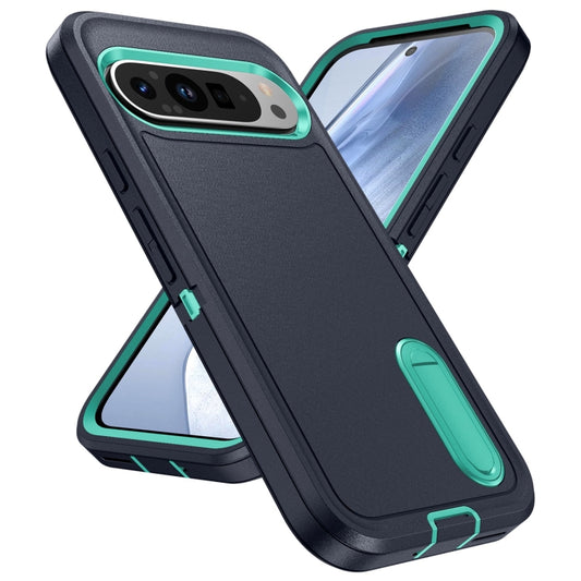 For Google Pixel 9 Pro Rugged PC + Silicone Phone Case with Holder(Dark Blue+Light Green) by buy2fix