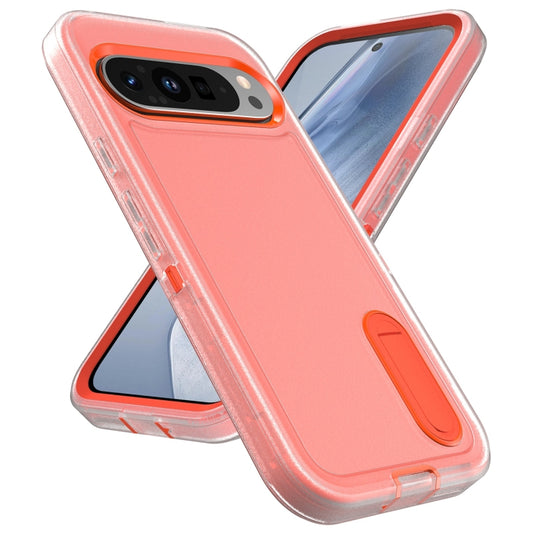 For Google Pixel 9 Pro Rugged PC + Silicone Phone Case with Holder(Transparent+Orange) by buy2fix