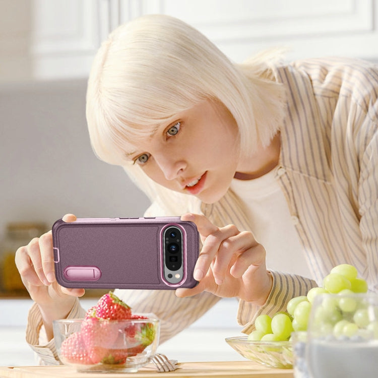 For Google Pixel 9 Pro Rugged PC + Silicone Phone Case with Holder(Purple+Pink) by buy2fix
