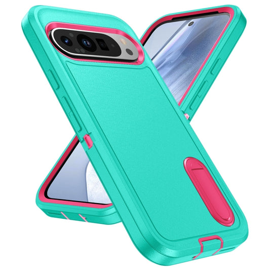 For Google Pixel 9 Rugged PC + Silicone Phone Case with Holder(Light Green+Rose Red) by buy2fix