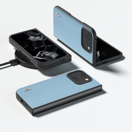 For Google Pixel 9 Pro Fold ABEEL Genuine Leather Elegant Black Edge Phone Case(Sky Blue) by buy2fix