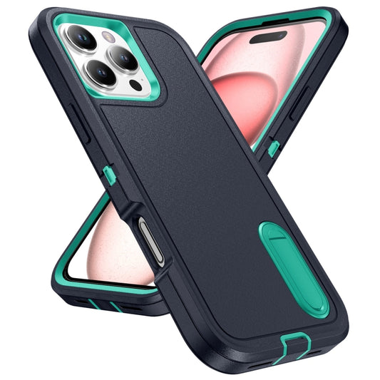 For iPhone 16 Pro Max Rugged PC + Silicone Phone Case with Holder(Dark Blue+Light Green) by buy2fix