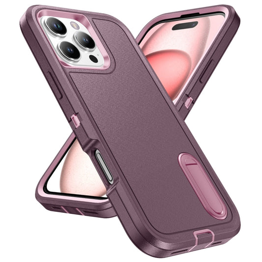 For iPhone 16 Pro Max Rugged PC + Silicone Phone Case with Holder(Purple+Pink) by buy2fix