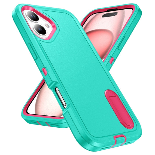 For iPhone 16 Plus Rugged PC + Silicone Phone Case with Holder(Light Green+Rose Red) by buy2fix