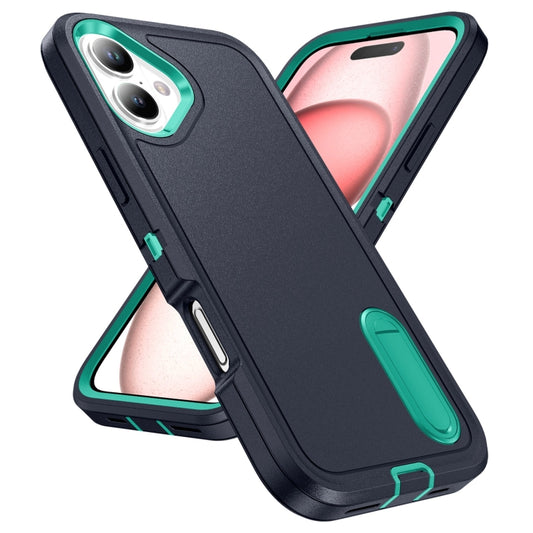 For iPhone 16 Plus Rugged PC + Silicone Phone Case with Holder(Dark Blue+Light Green) by buy2fix