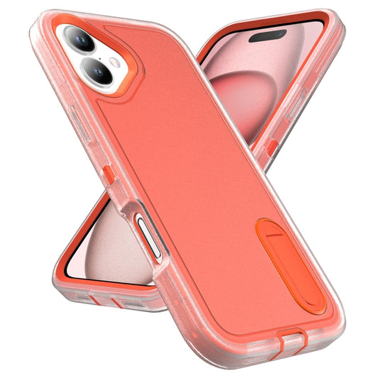 For iPhone 16 Plus Rugged PC + Silicone Phone Case with Holder(Transparent+Orange) by buy2fix