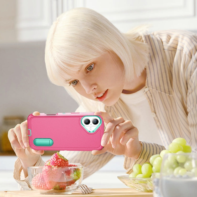 For iPhone 16 Rugged PC + Silicone Phone Case with Holder(Rose Red+Light Green) by buy2fix