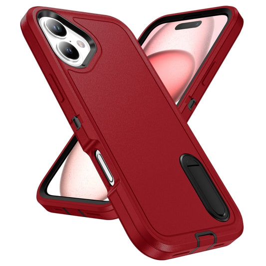 For iPhone 16 Rugged PC + Silicone Phone Case with Holder(Red+Black) by buy2fix