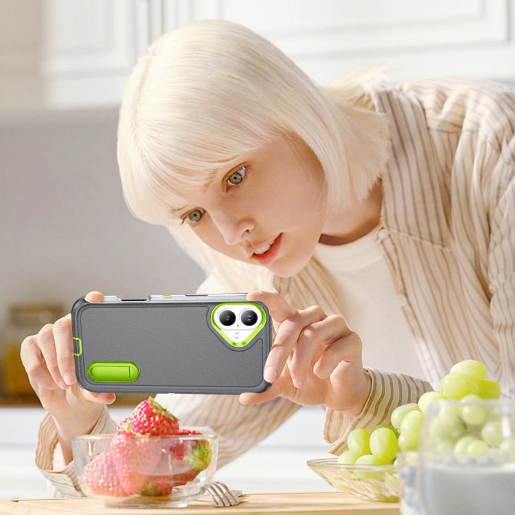 For iPhone 16 Rugged PC + Silicone Phone Case with Holder(Grey+Fresh Green) by buy2fix