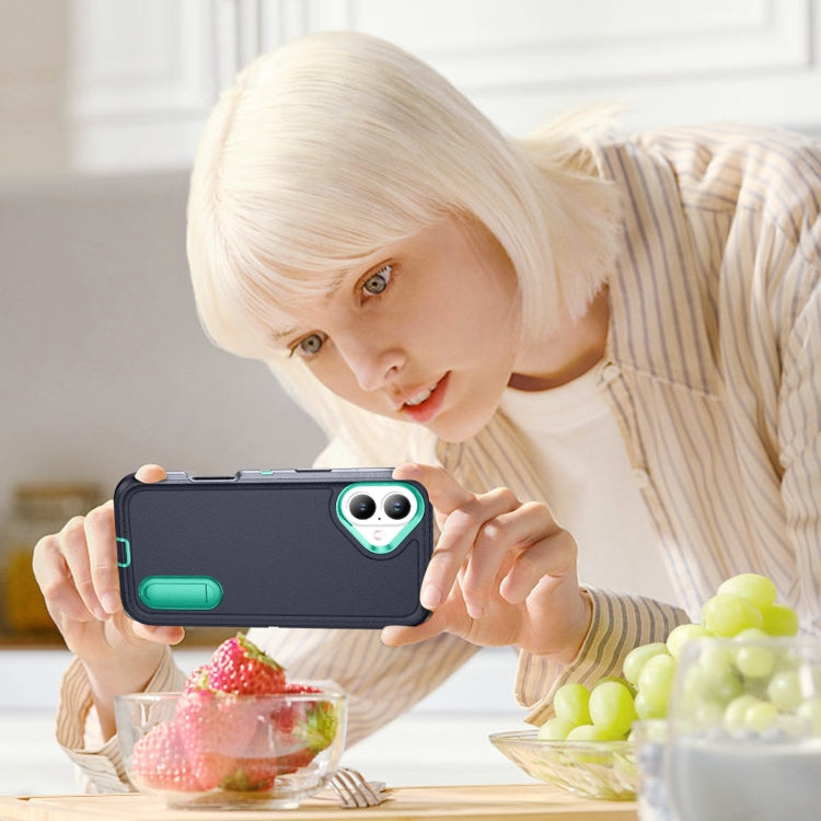 For iPhone 16 Rugged PC + Silicone Phone Case with Holder(Dark Blue+Light Green) by buy2fix