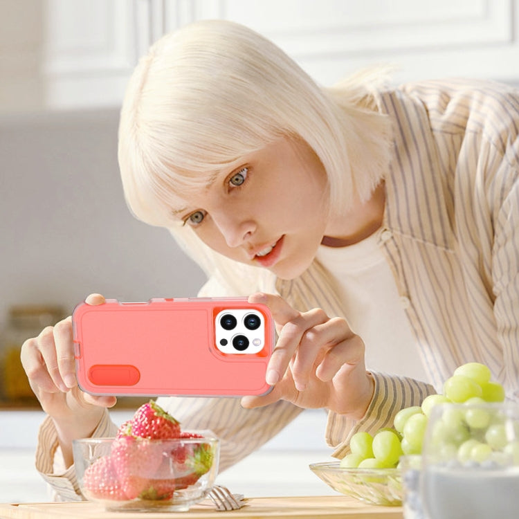 For iPhone 16 Rugged PC + Silicone Phone Case with Holder(Transparent+Orange) by buy2fix