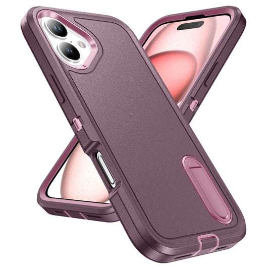 For iPhone 16 Rugged PC + Silicone Phone Case with Holder(Purple+Pink) by buy2fix