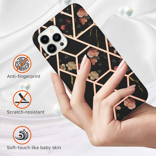 For iPhone 16 Pro Splicing Marble Flower IMD TPU Phone Case(Black Flower) by buy2fix