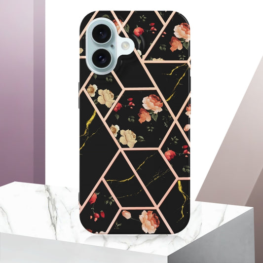 For iPhone 16 Plus Splicing Marble Flower IMD TPU Phone Case(Black Flower) by buy2fix