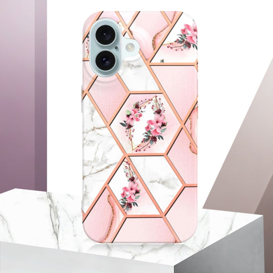 For iPhone 16 Plus Splicing Marble Flower IMD TPU Phone Case(Pink Flower) by buy2fix