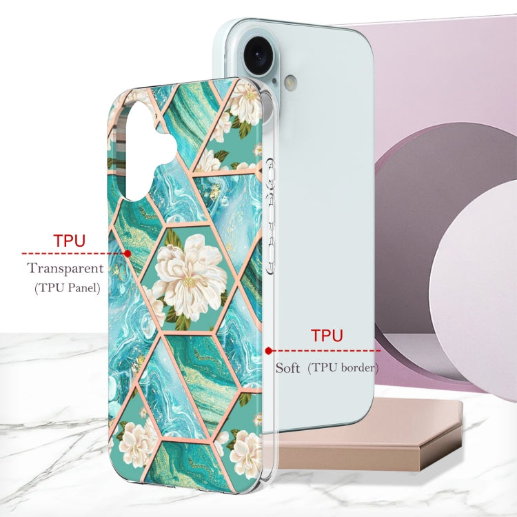 For iPhone 16 Splicing Marble Flower IMD TPU Phone Case(Blue Flower) by buy2fix