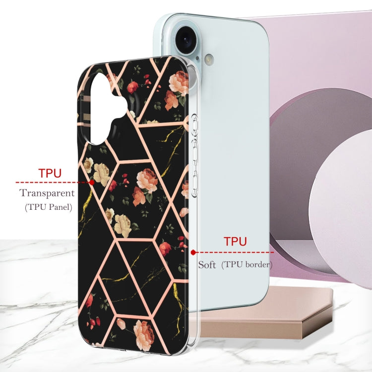 For iPhone 16 Splicing Marble Flower IMD TPU Phone Case(Black Flower) by buy2fix