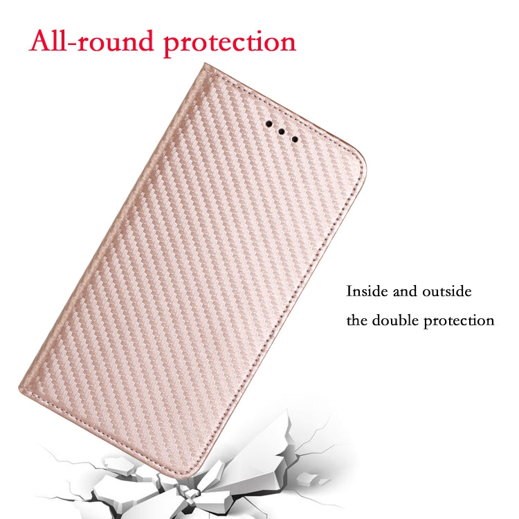 For iPhone 16 Plus Carbon Fiber Texture Magnetic Flip Leather Phone Case(Rose Gold) by buy2fix