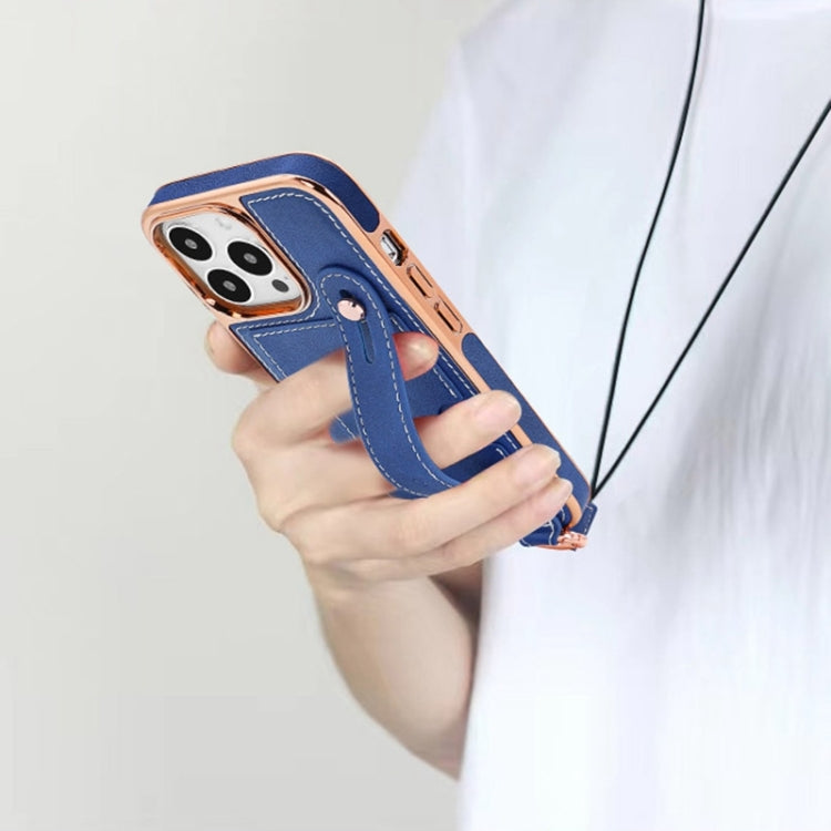 For iPhone 16 VIETAO Card Slot Wristband Phone Case with Lanyard(Blue) by VIETAO
