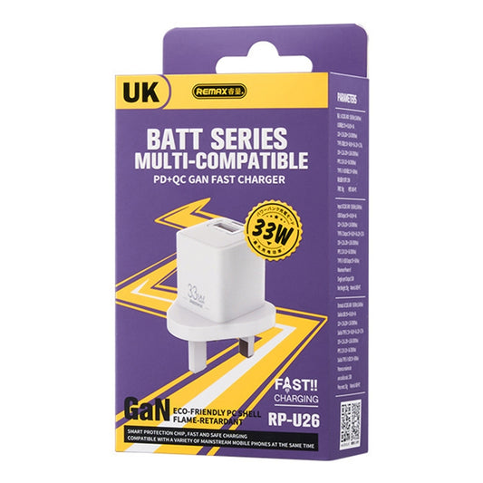 REMAX RP-U26 33W USB+USB-C / Type-C GaN Fast Charging Charger, Specification:UK Plug(White) by REMAX