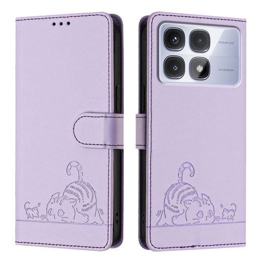 For Redmi K70 Ultra 5G Global Cat Rat Embossed Pattern RFID Leather Phone Case with Lanyard(Purple) by buy2fix