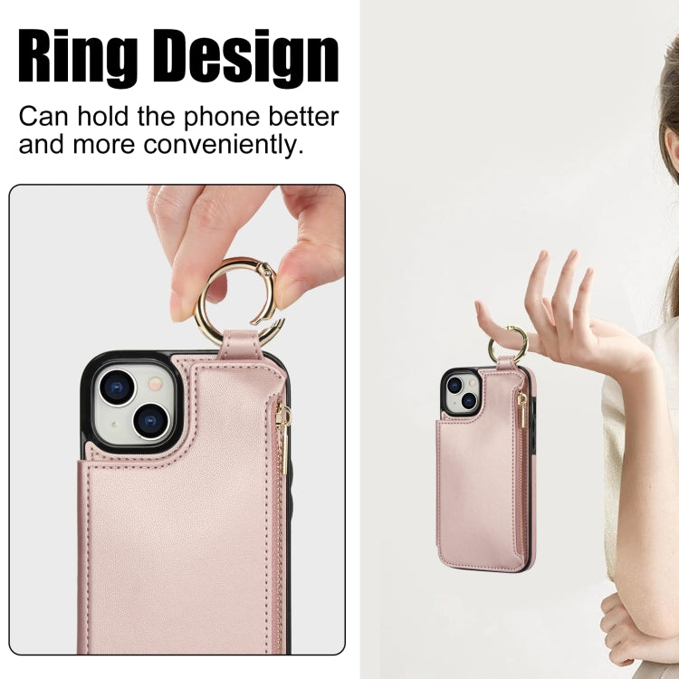 For iPhone 15 Plus RFlD Anti-theft Double Buckle Ring Zipper Card Phone Case(Rose Gold) - iPhone 15 Plus Cases by buy2fix | Online Shopping UK | buy2fix