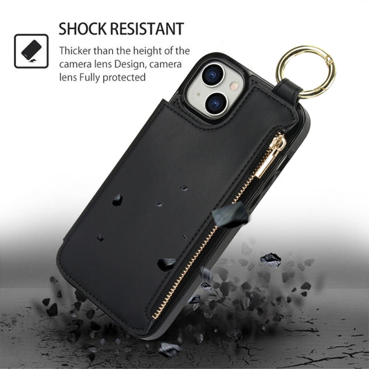 For iPhone 14 Plus RFlD Anti-theft Double Buckle Ring Zipper Card Phone Case(Black) - iPhone 14 Plus Cases by buy2fix | Online Shopping UK | buy2fix