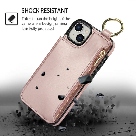 For iPhone 14 Plus RFlD Anti-theft Double Buckle Ring Zipper Card Phone Case(Rose Gold) - iPhone 14 Plus Cases by buy2fix | Online Shopping UK | buy2fix