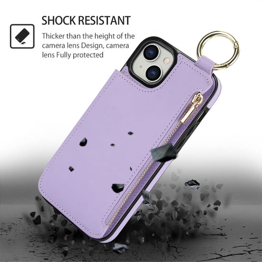For iPhone 14 Plus RFlD Anti-theft Double Buckle Ring Zipper Card Phone Case(Purple) - iPhone 14 Plus Cases by buy2fix | Online Shopping UK | buy2fix