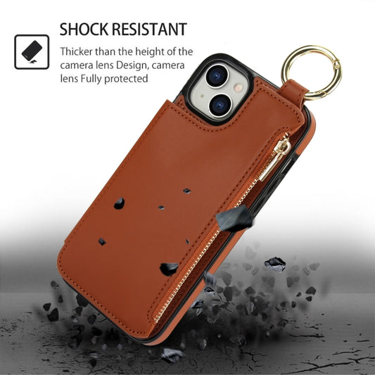 For iPhone 14 Plus RFlD Anti-theft Double Buckle Ring Zipper Card Phone Case(Brown) - iPhone 14 Plus Cases by buy2fix | Online Shopping UK | buy2fix