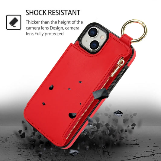 For iPhone 14 / 13 RFlD Anti-theft Double Buckle Ring Zipper Card Phone Case(Red) - iPhone 14 Cases by buy2fix | Online Shopping UK | buy2fix