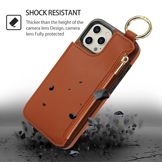 For iPhone 13 Pro Max RFlD Anti-theft Double Buckle Ring Zipper Card Phone Case(Brown) - iPhone 13 Pro Max Cases by buy2fix | Online Shopping UK | buy2fix