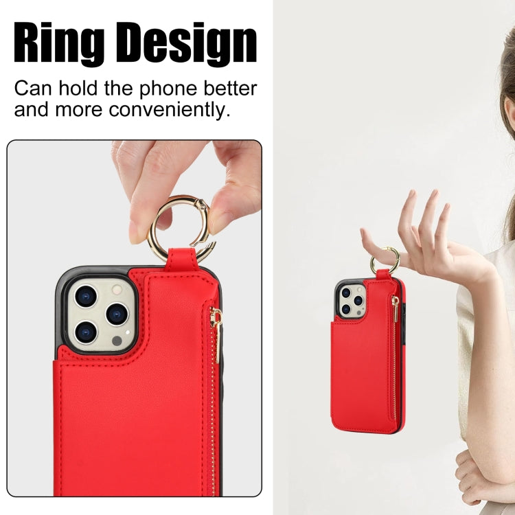 For iPhone 12 Pro RFlD Anti-theft Double Buckle Ring Zipper Card Phone Case(Red) - iPhone 12 / 12 Pro Cases by buy2fix | Online Shopping UK | buy2fix