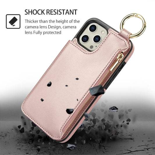 For iPhone 12 Pro RFlD Anti-theft Double Buckle Ring Zipper Card Phone Case(Rose Gold) - iPhone 12 / 12 Pro Cases by buy2fix | Online Shopping UK | buy2fix