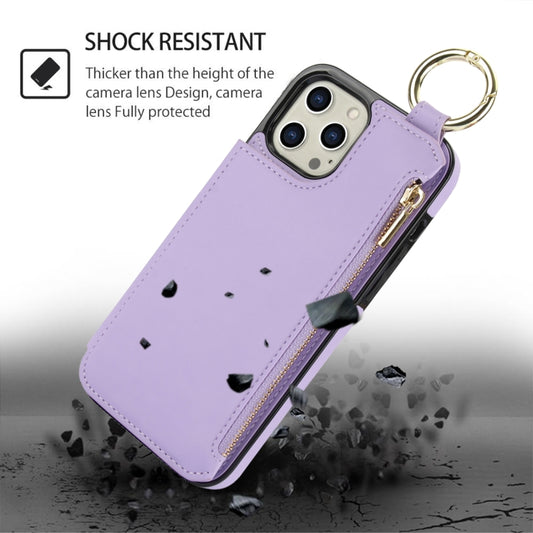For iPhone 12 Pro RFlD Anti-theft Double Buckle Ring Zipper Card Phone Case(Purple) - iPhone 12 / 12 Pro Cases by buy2fix | Online Shopping UK | buy2fix