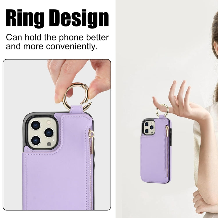 For iPhone 12 Pro Max RFlD Anti-theft Double Buckle Ring Zipper Card Phone Case(Purple) - iPhone 12 Pro Max Cases by buy2fix | Online Shopping UK | buy2fix