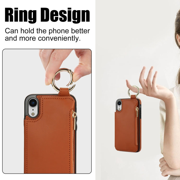 For iPhone XR RFlD Anti-theft Double Buckle Ring Zipper Card Phone Case(Brown) - More iPhone Cases by buy2fix | Online Shopping UK | buy2fix