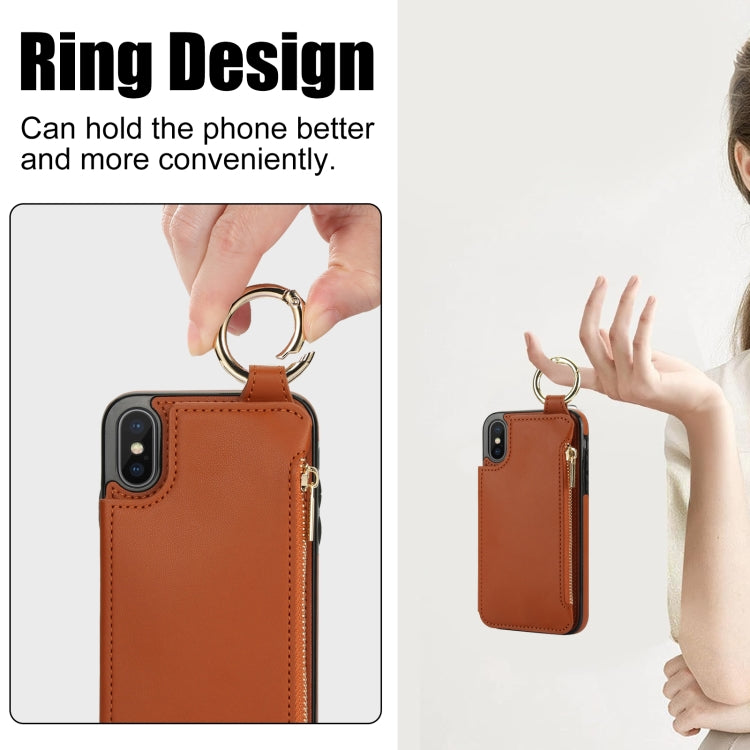 For iPhone XS Max RFlD Anti-theft Double Buckle Ring Zipper Card Phone Case(Brown) - More iPhone Cases by buy2fix | Online Shopping UK | buy2fix