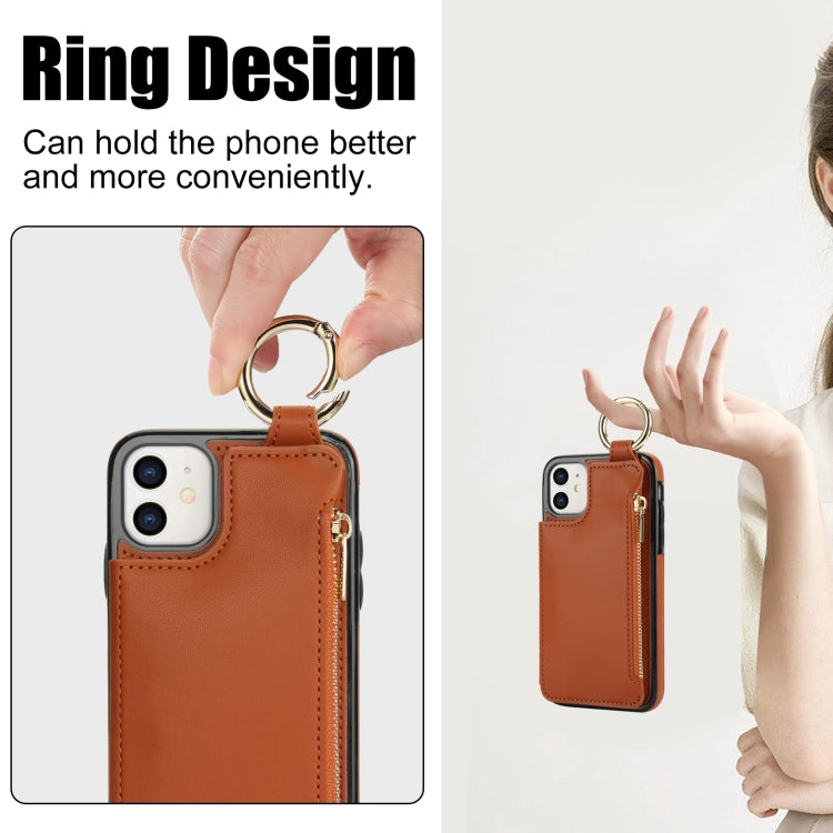 For iPhone 12 RFlD Anti-theft Double Buckle Ring Zipper Card Phone Case(Brown) - iPhone 12 Pro Max Cases by buy2fix | Online Shopping UK | buy2fix