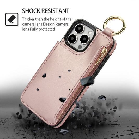 For iPhone 16 Pro RFlD Anti-theft Double Buckle Ring Zipper Card Phone Case(Rose Gold) by buy2fix