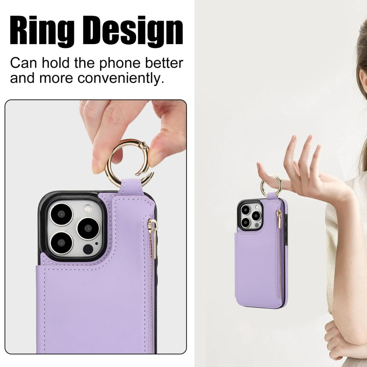 For iPhone 16 Pro RFlD Anti-theft Double Buckle Ring Zipper Card Phone Case(Purple) - iPhone 16 Pro Cases by buy2fix | Online Shopping UK | buy2fix